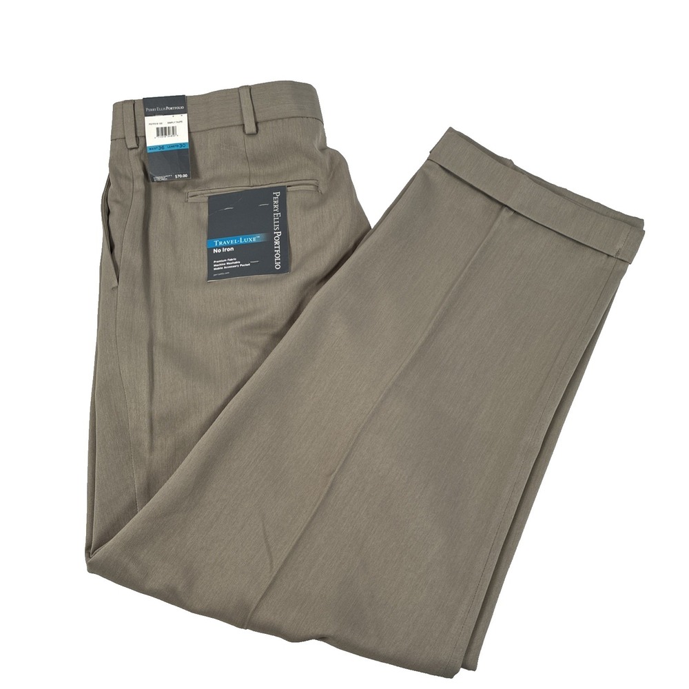 New Mens Perry Ellis Pleated Travel Luxe Dress Pants Size 36x30 NWT Taupe